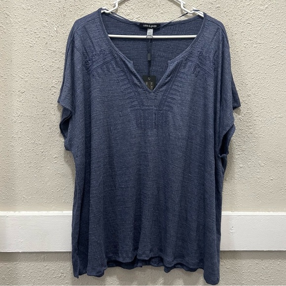 Cable & Gauge Blue Embroidered Textured V-Neck Top NWT 2X - Picture 1 of 5
